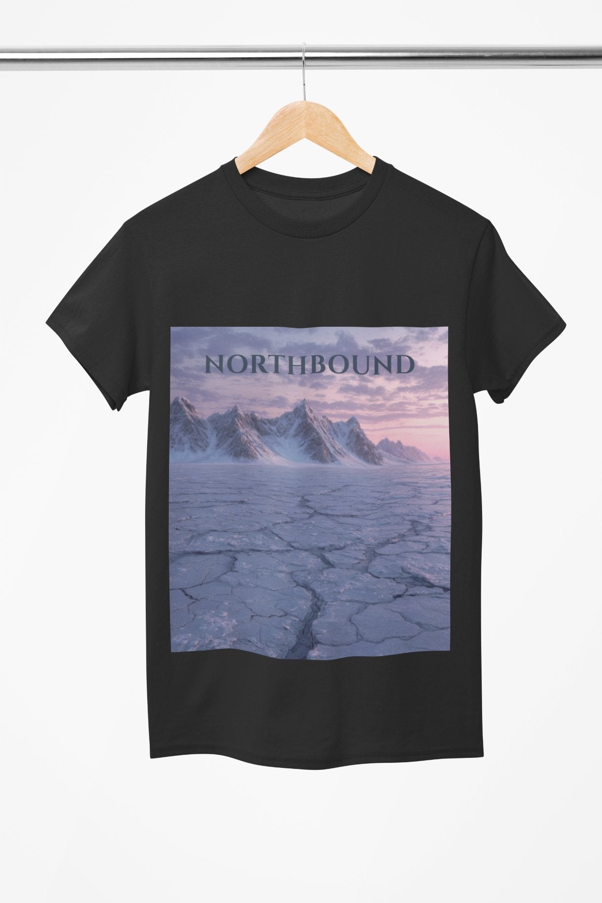 Black t-shirt with a 'Northbound' graphic design featuring mountains and a landscape.