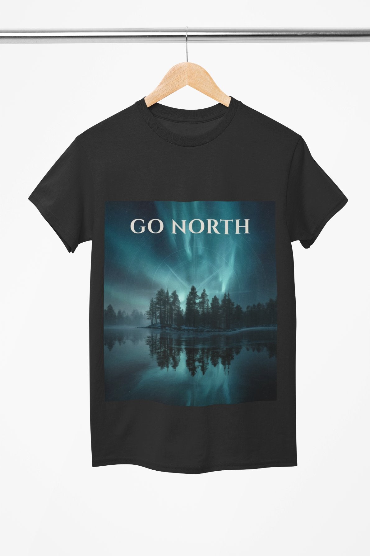 Black t-shirt with 'GO NORTH' graphic design on a hanger