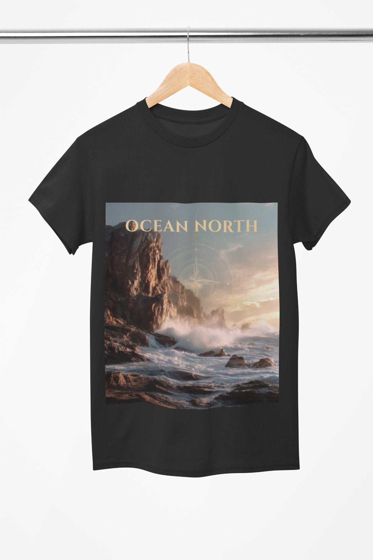 Black t-shirt with 'Ocean North' design featuring a coastal scene on a hanger.
