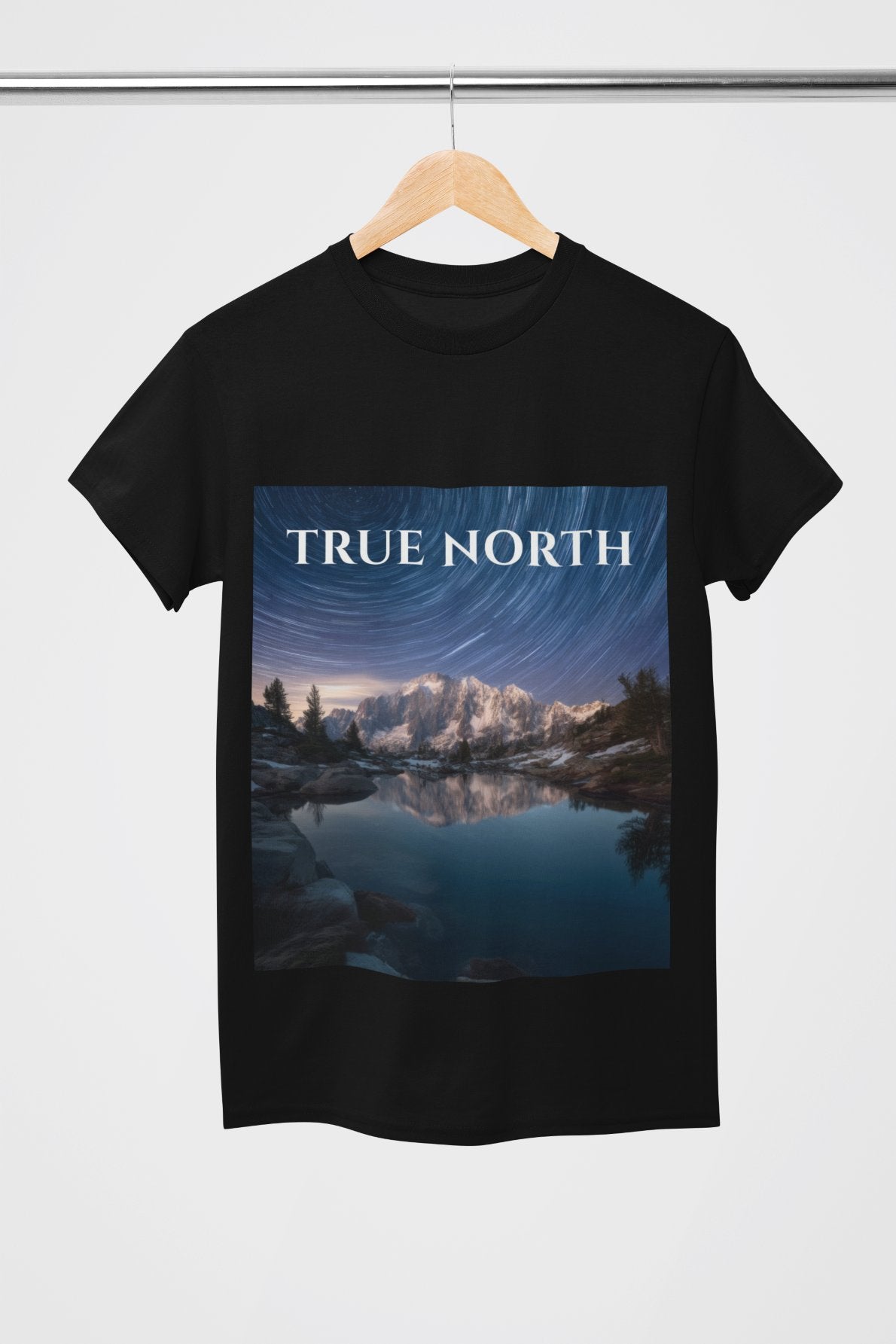 Black t-shirt with 'True North' graphic design on a hanger against a white background