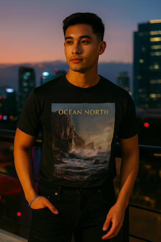 Person wearing a black t-shirt with 'Ocean North' design against a cityscape background