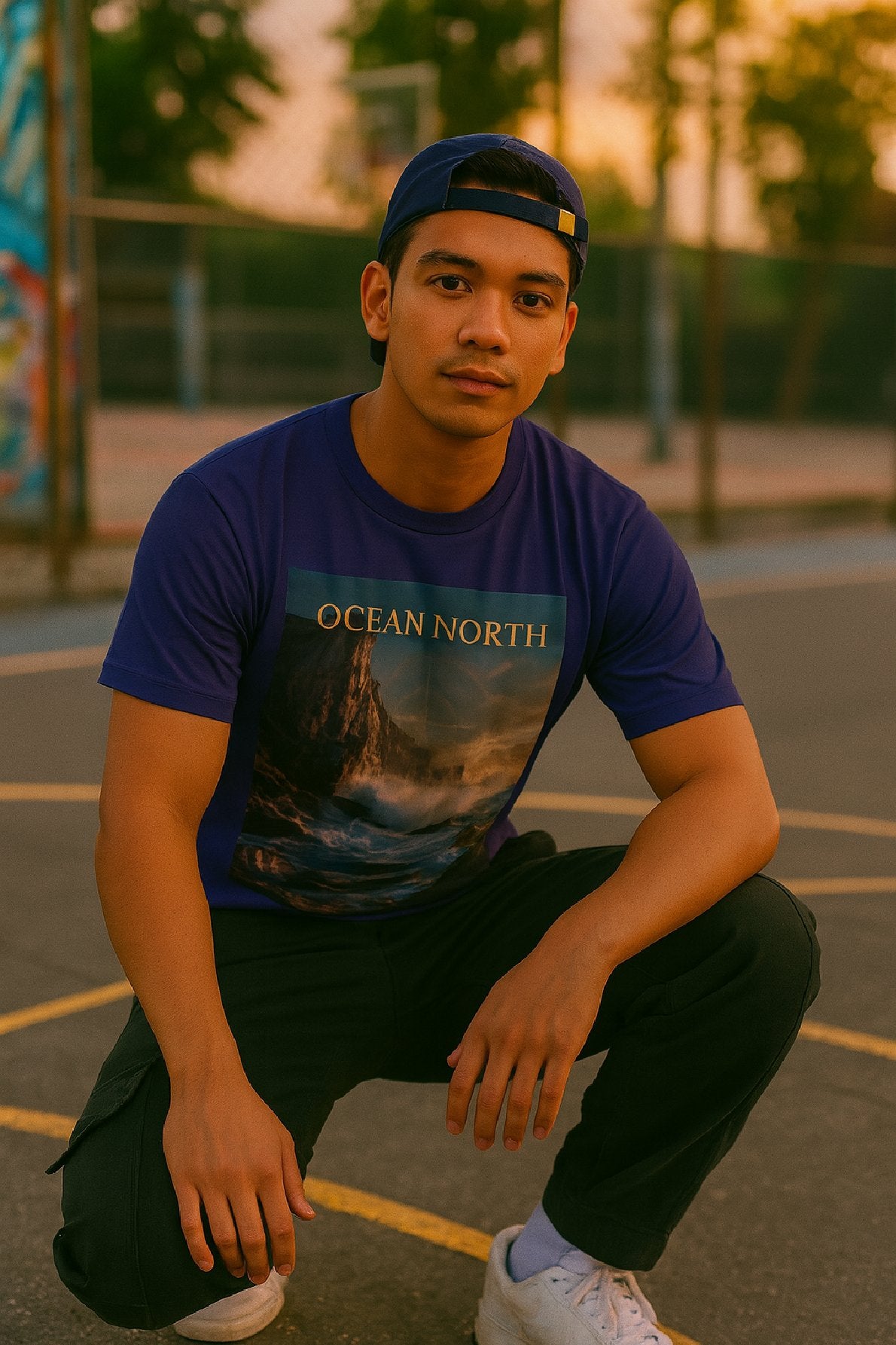 Person wearing an 'Ocean North' t-shirt on a basketball court at sunset.