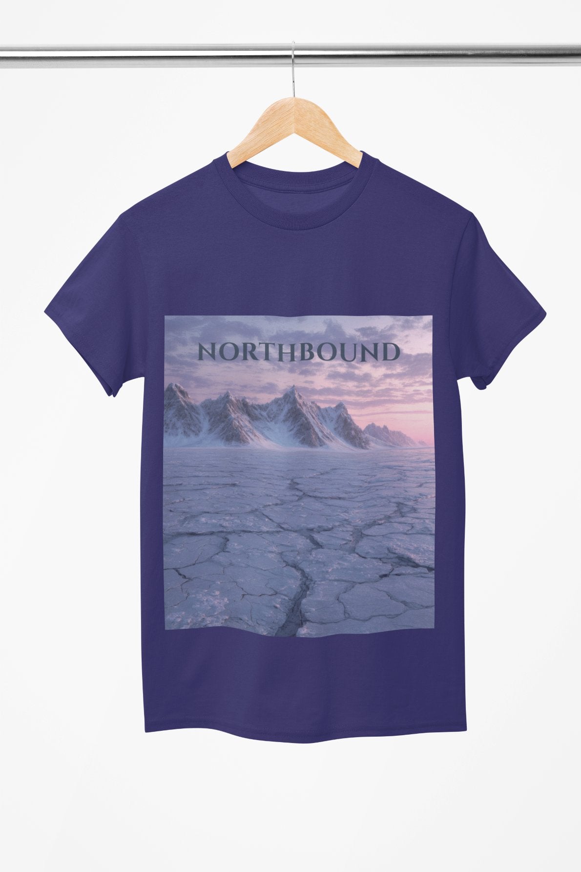 Blue t-shirt with a mountain landscape graphic and 'NORTHBOUND' text on a hanger.
