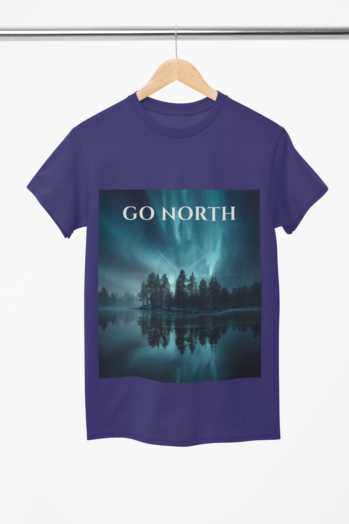 Blue t-shirt with a graphic of the Northern Lights and 'GO NORTH' text on a hanger.