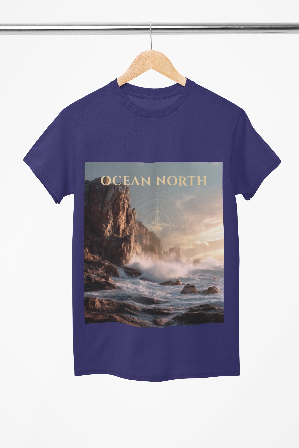 Blue t-shirt with 'Ocean North' design on a hanger