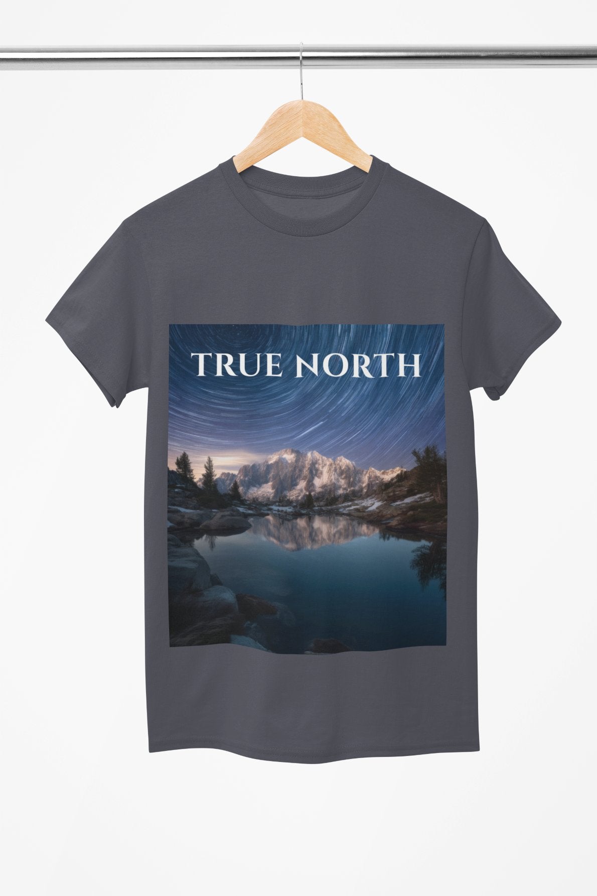 Gray t-shirt with 'True North' graphic design on a hanger against a white background