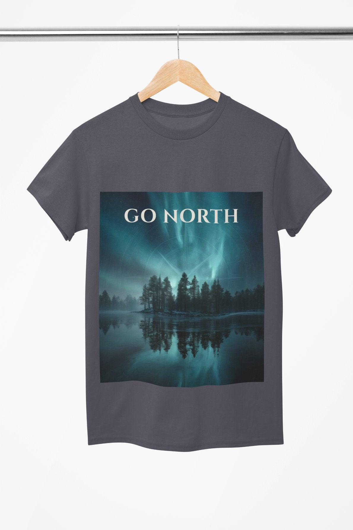 T-shirt with 'GO NORTH' graphic design on a hanger