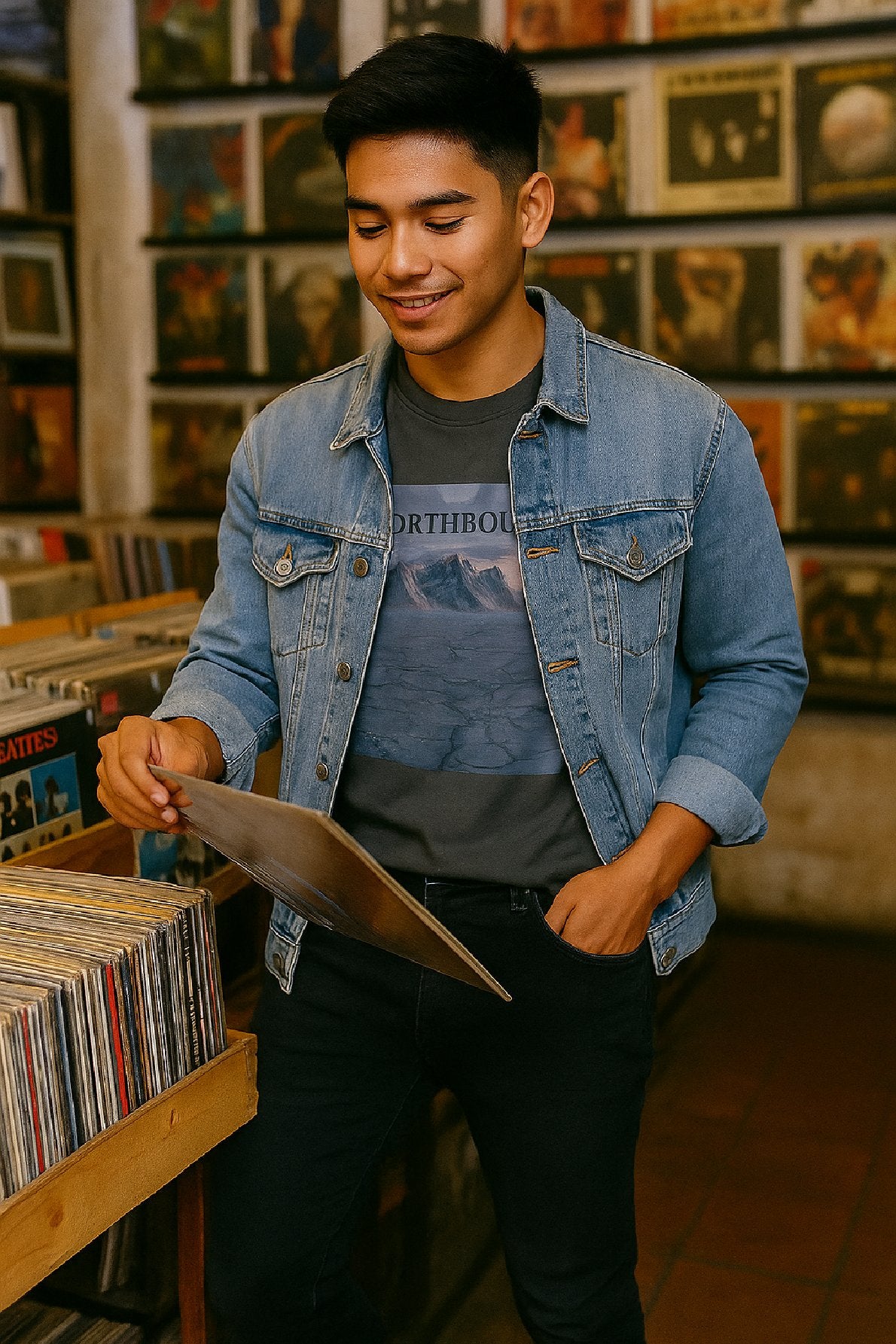 Man holding a vinyl record in a record store