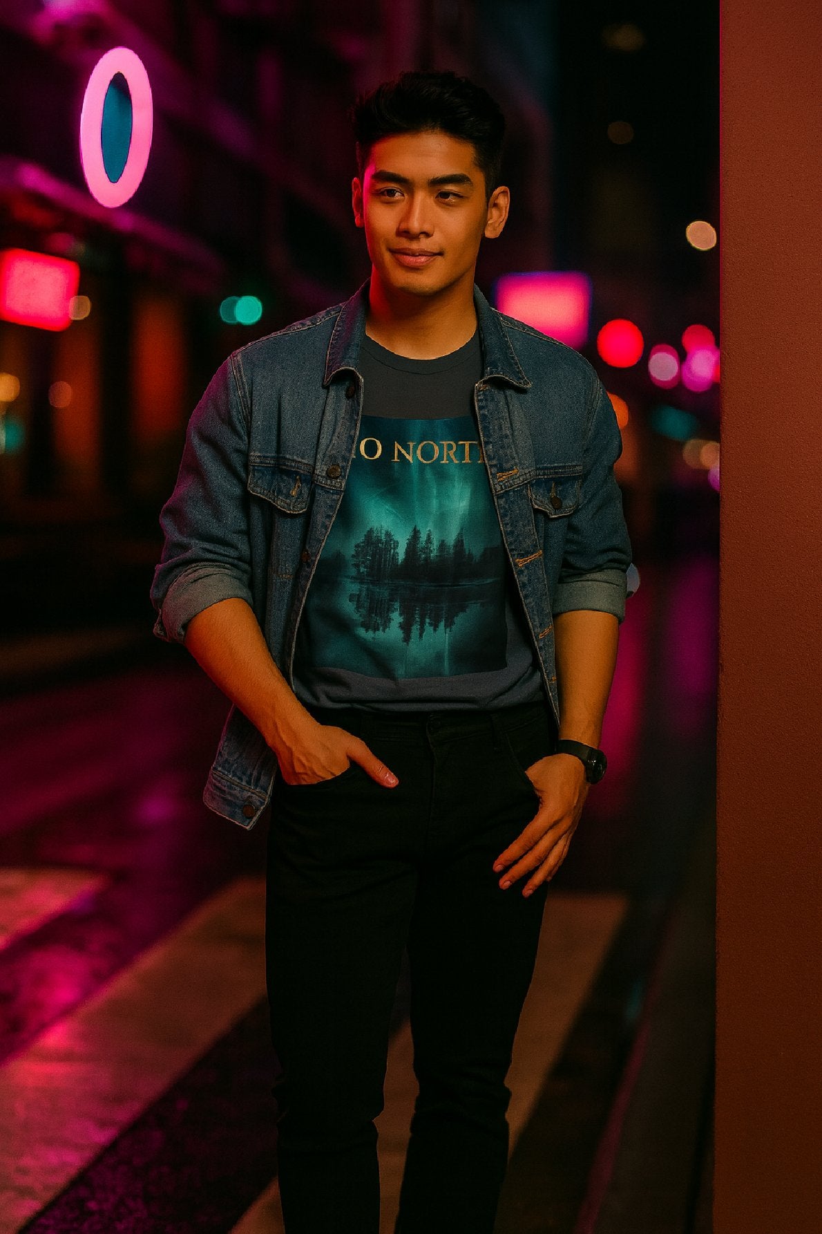Man wearing a denim jacket and graphic t-shirt with a blurred neon-lit background