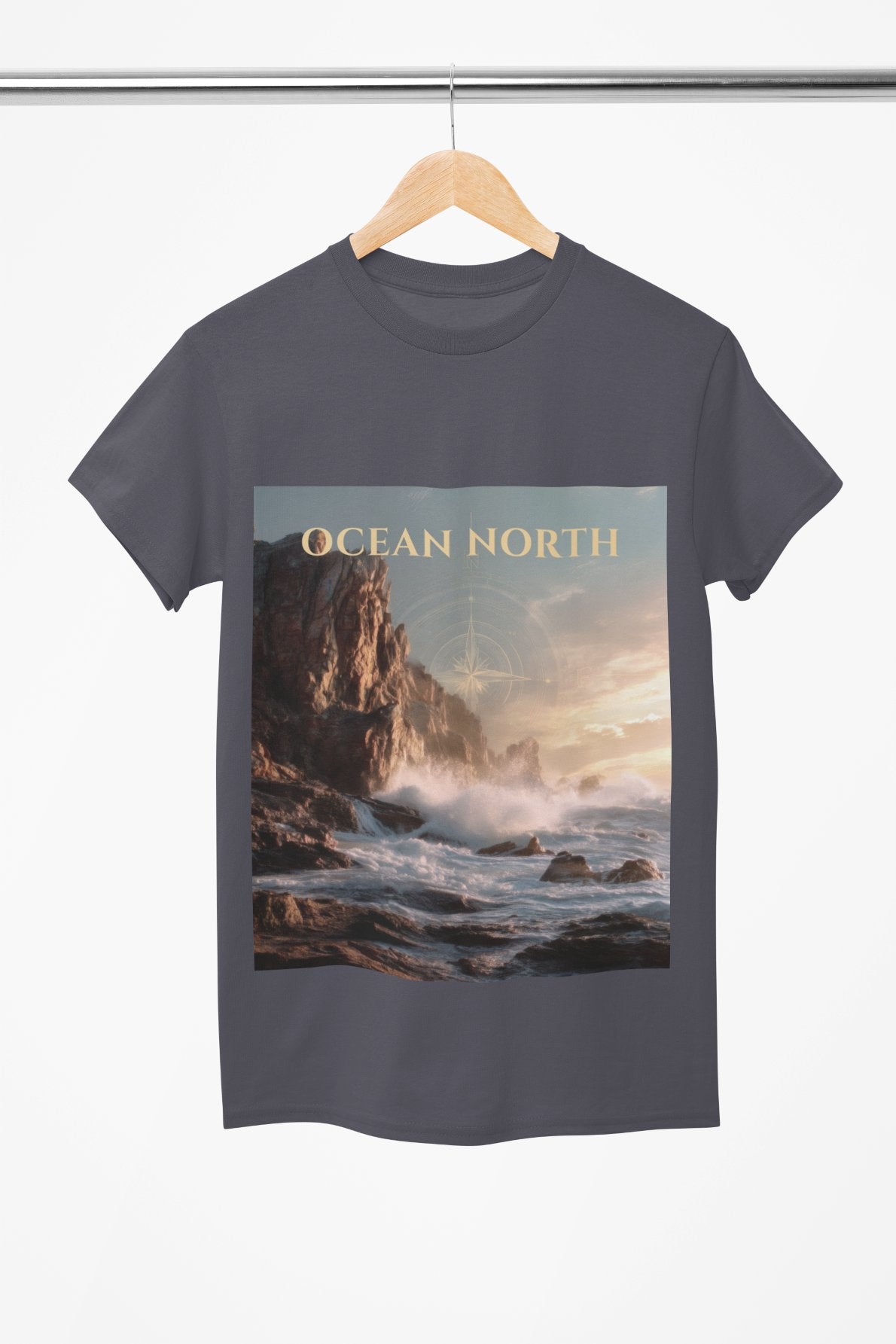 T-shirt with 'Ocean North' design on a hanger
