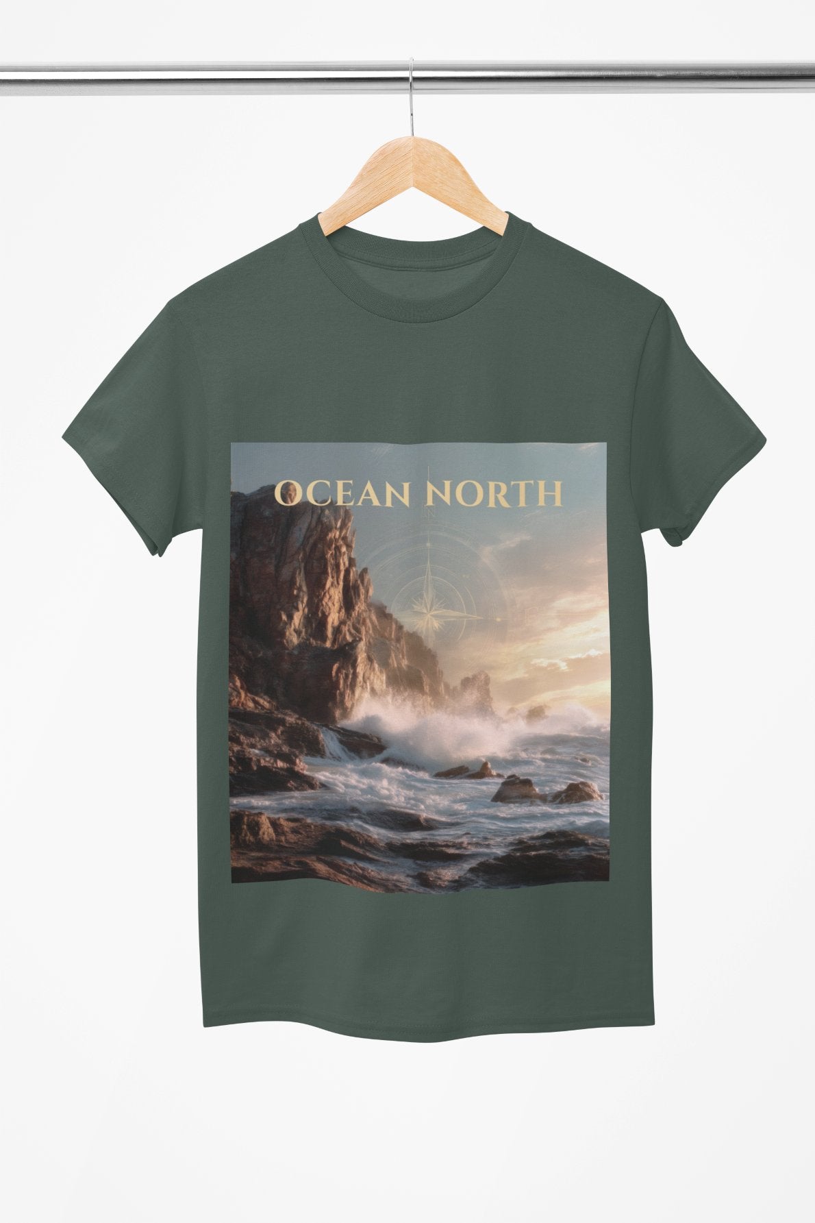 Green t-shirt with 'Ocean North' design on a hanger