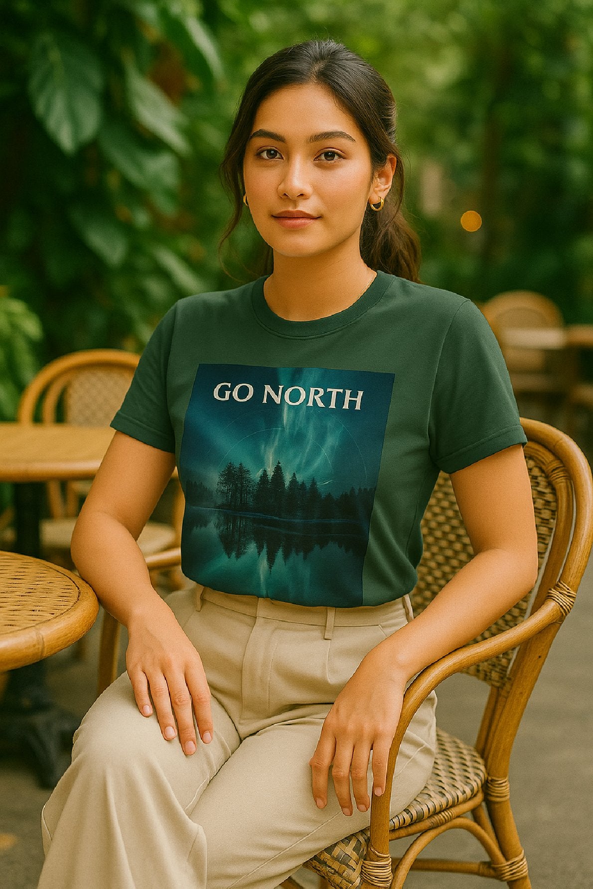 Woman wearing a green t-shirt with 'GO NORTH' printed on it, sitting outdoors.