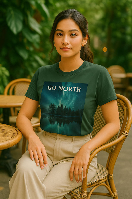 Woman wearing a green t-shirt with 'GO NORTH' printed on it, sitting outdoors.