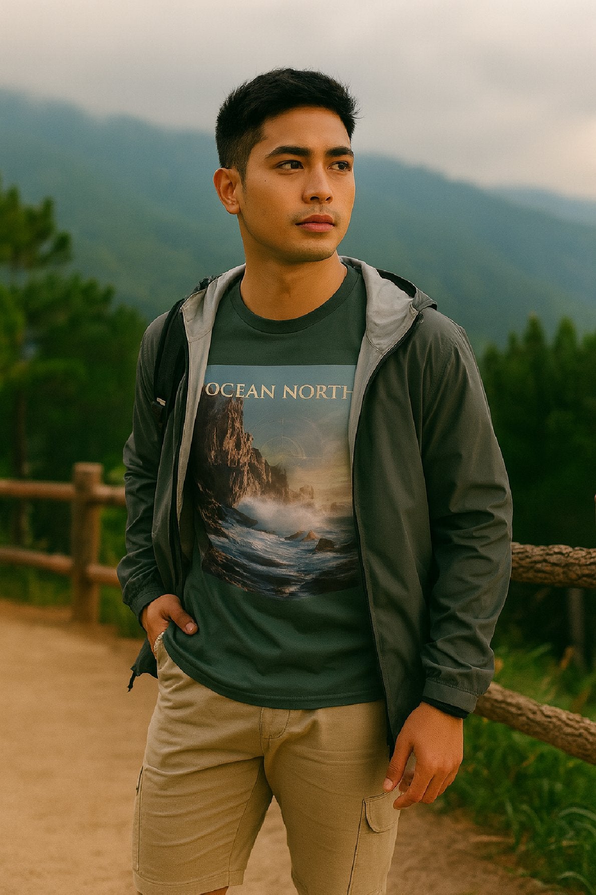 Man standing outdoors with mountains in the background wearing a t-shirt with 'Ocean North' branding.