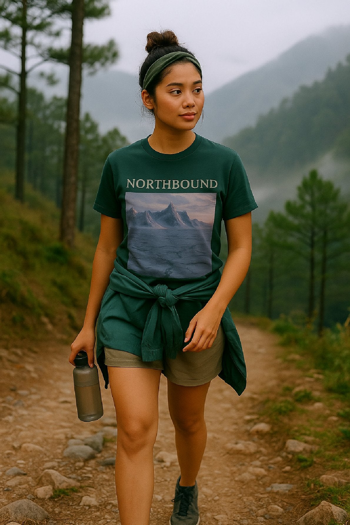 Woman hiking on a trail with mountains in the background, wearing a 'Northbound' t-shirt.