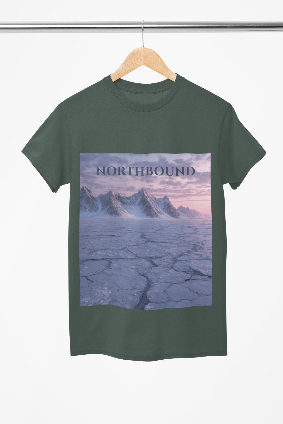 Green t-shirt with a mountain landscape graphic and 'NORTHBOUND' text on a hanger.