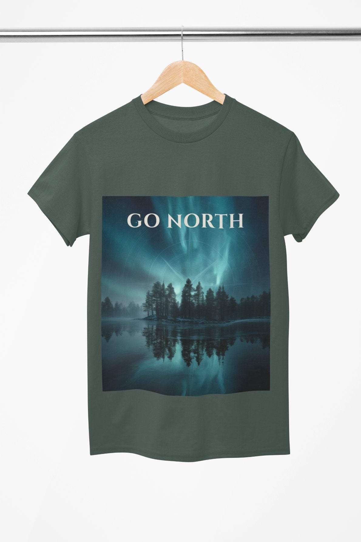 Green t-shirt with 'GO NORTH' graphic on a hanger