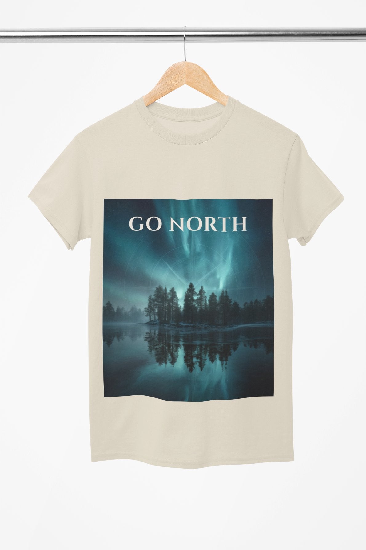Beige t-shirt with 'GO NORTH' graphic design featuring a Northern Lights scene.