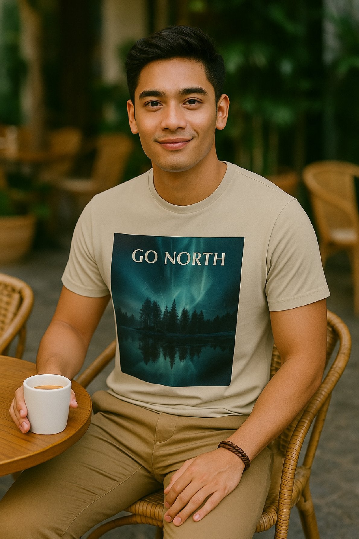 Man sitting outdoors with a 'Go North' t-shirt holding a cup.