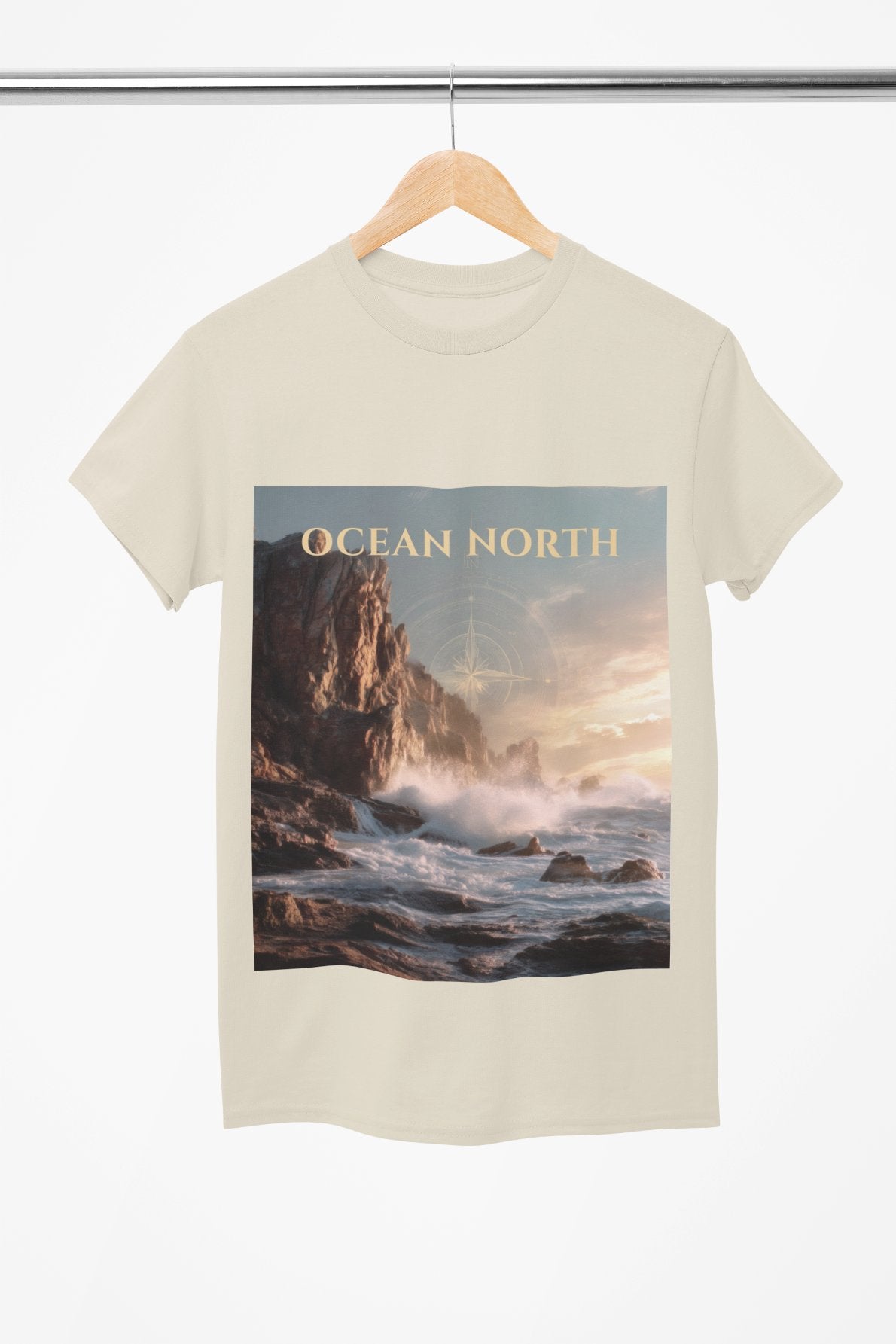 T-shirt with 'Ocean North' design featuring a coastal scene on a hanger.
