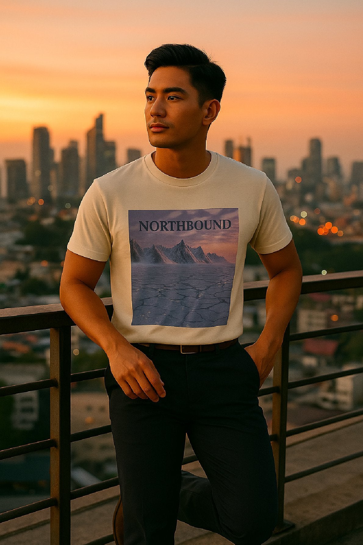 Man wearing a t-shirt with 'Northbound' design against a cityscape at sunset