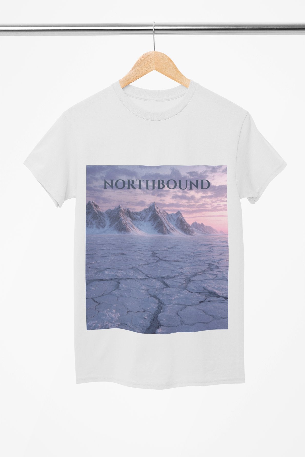 White t-shirt with a graphic of mountains and 'Northbound' text on a hanger.