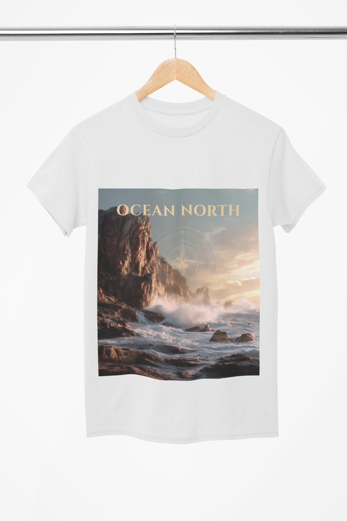 White t-shirt with a scenic print of 'Ocean North' on a hanger against a white background