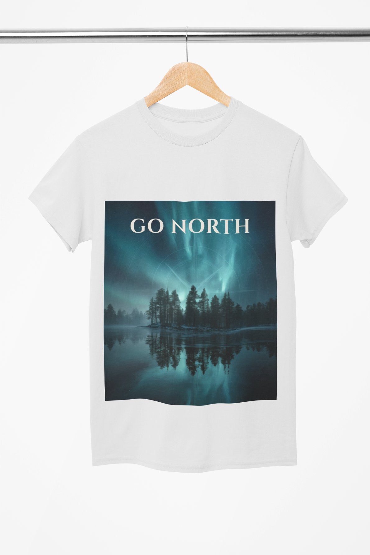 White t-shirt with a graphic design of a northern lights scene and 'GO NORTH' text on a hanger.