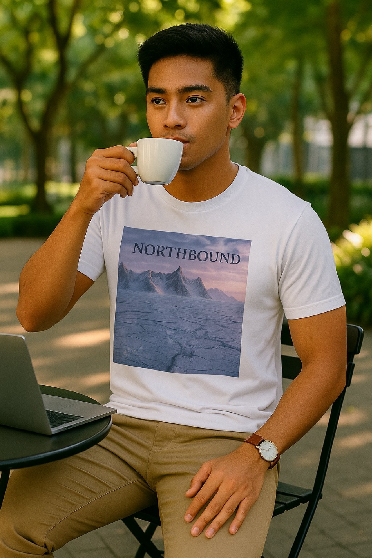 Man wearing a 'Northbound' t-shirt, sitting outdoors with a laptop.