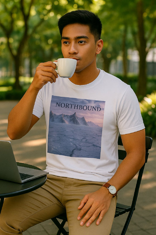 Man wearing a 'Northbound' t-shirt, sitting outdoors with a laptop.