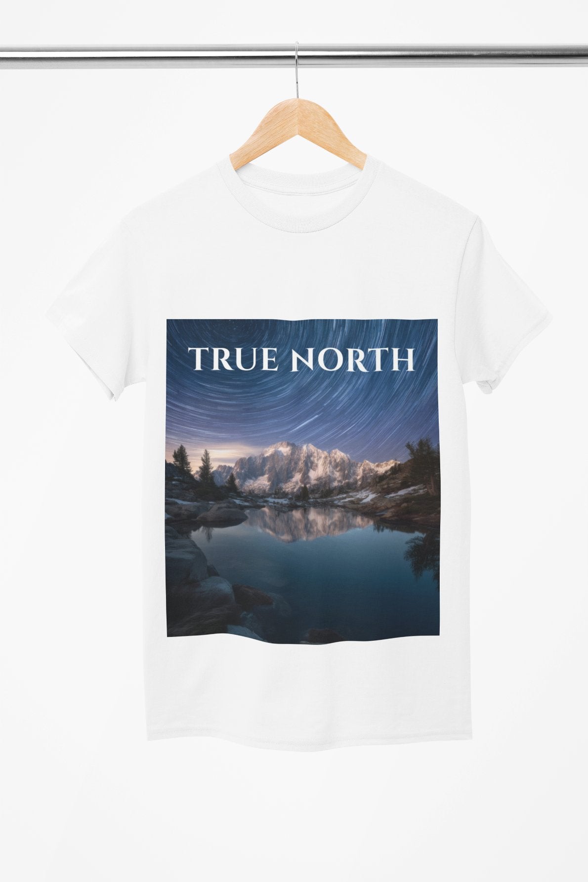 White t-shirt with 'True North' graphic design on a hanger