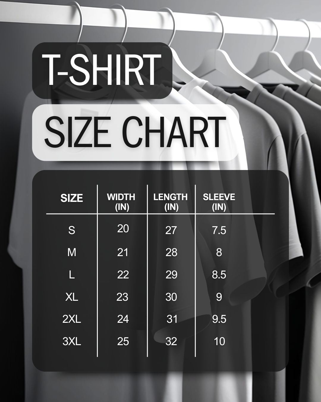 T-shirt size chart overlay on a rack of t-shirts