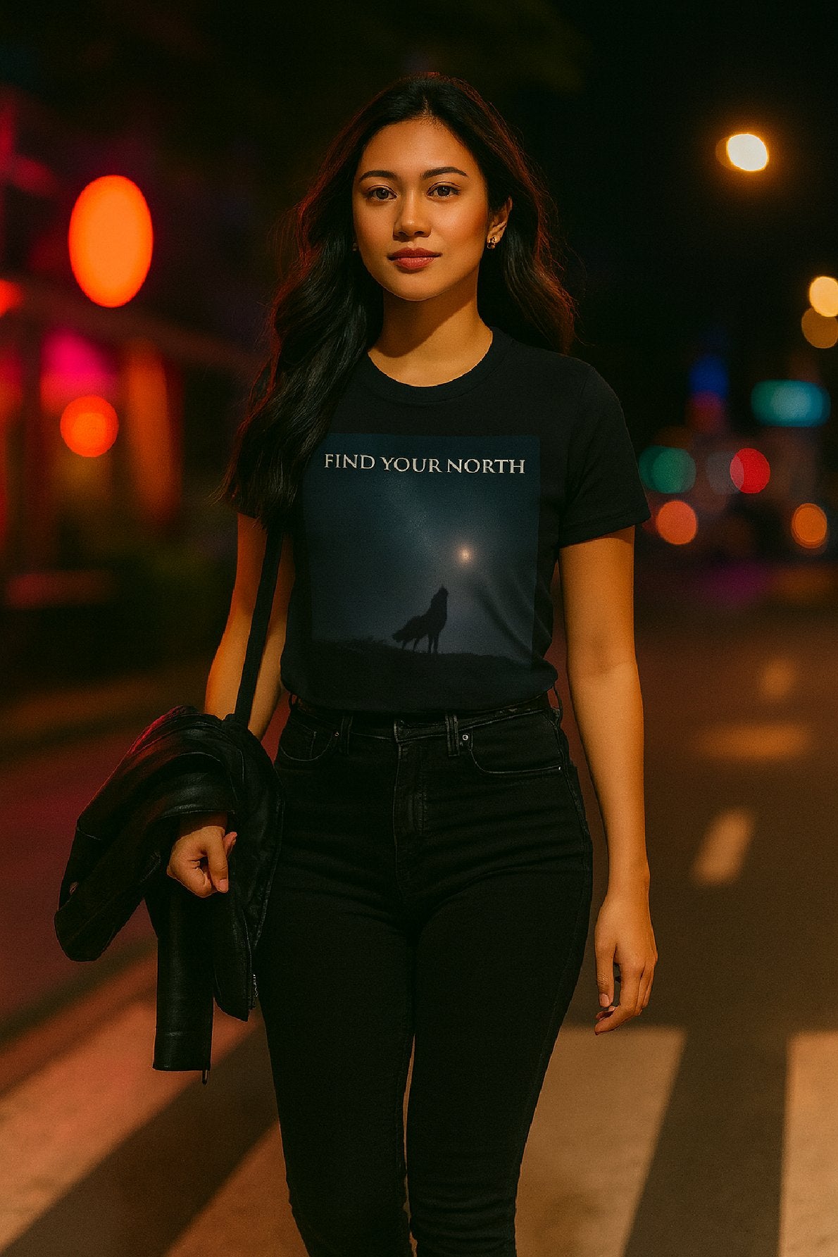Woman wearing a black t-shirt with 'Find Your North' design on a city street at night.