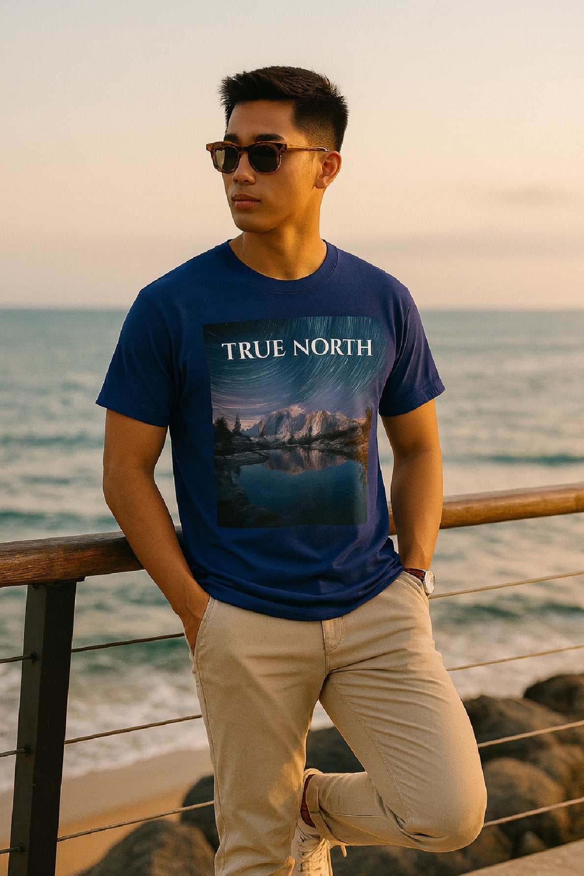 Man wearing a blue t-shirt with 'True North' design by the ocean