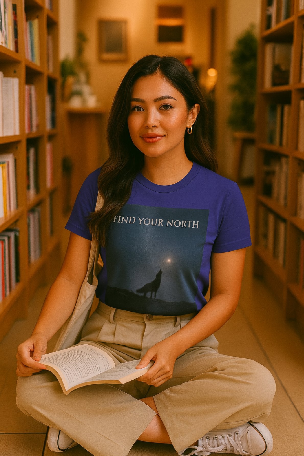 Woman sitting in a library wearing a t-shirt with a motivational quote