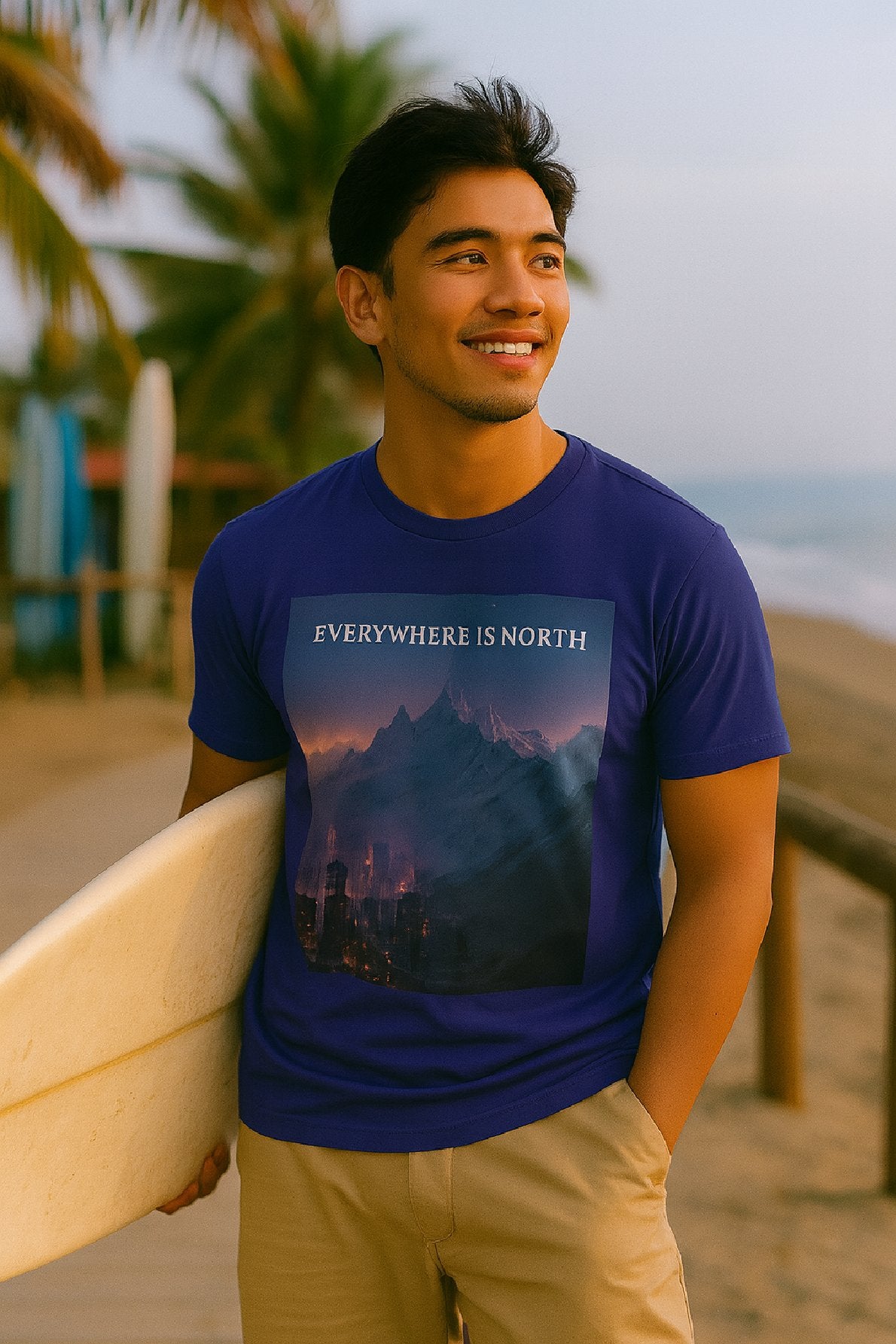 Man holding a surfboard on a beach wearing a blue t-shirt with a mountain graphic and text.