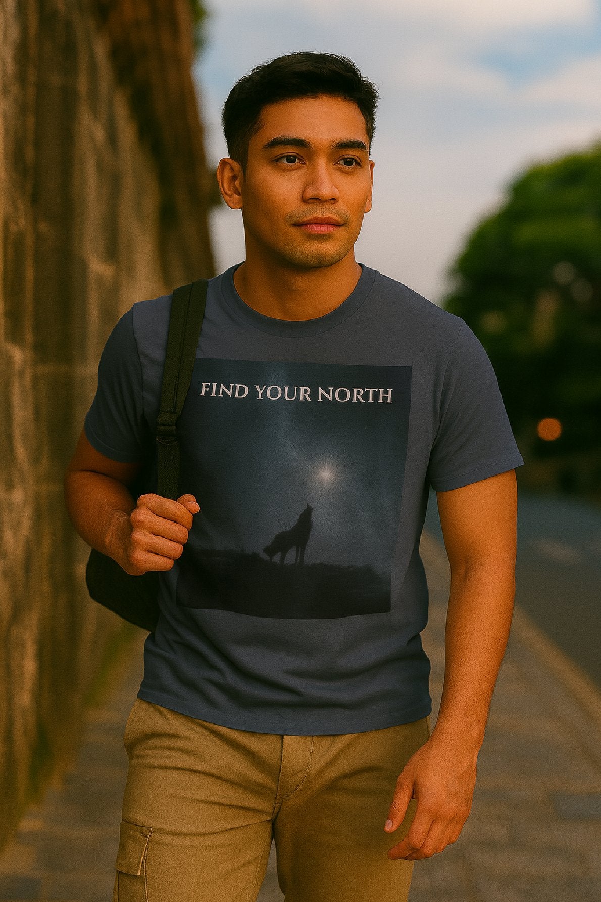 Person wearing a t-shirt with a wolf graphic and text, standing outdoors.