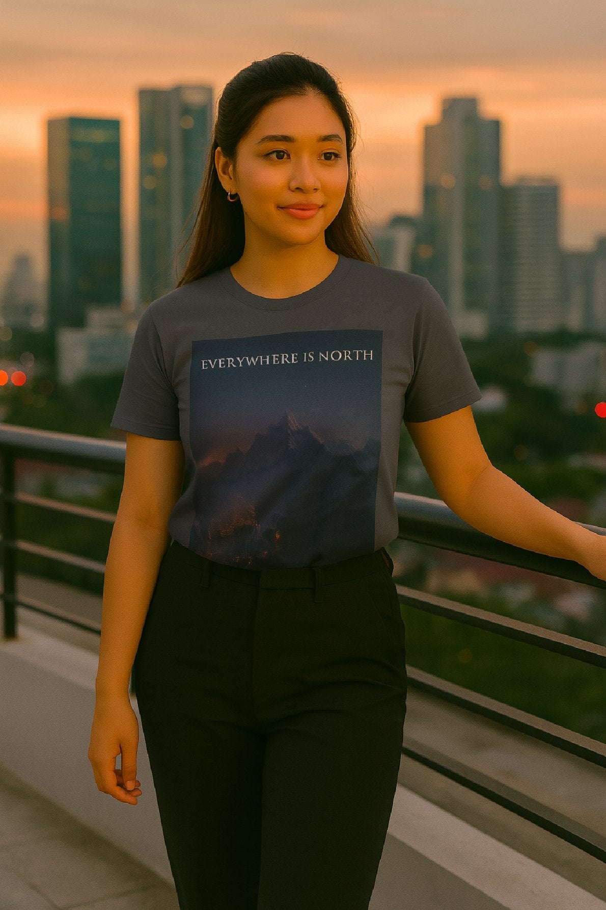 Woman wearing a t-shirt with 'Everywhere is North' text, standing on a rooftop with city skyline in the background.