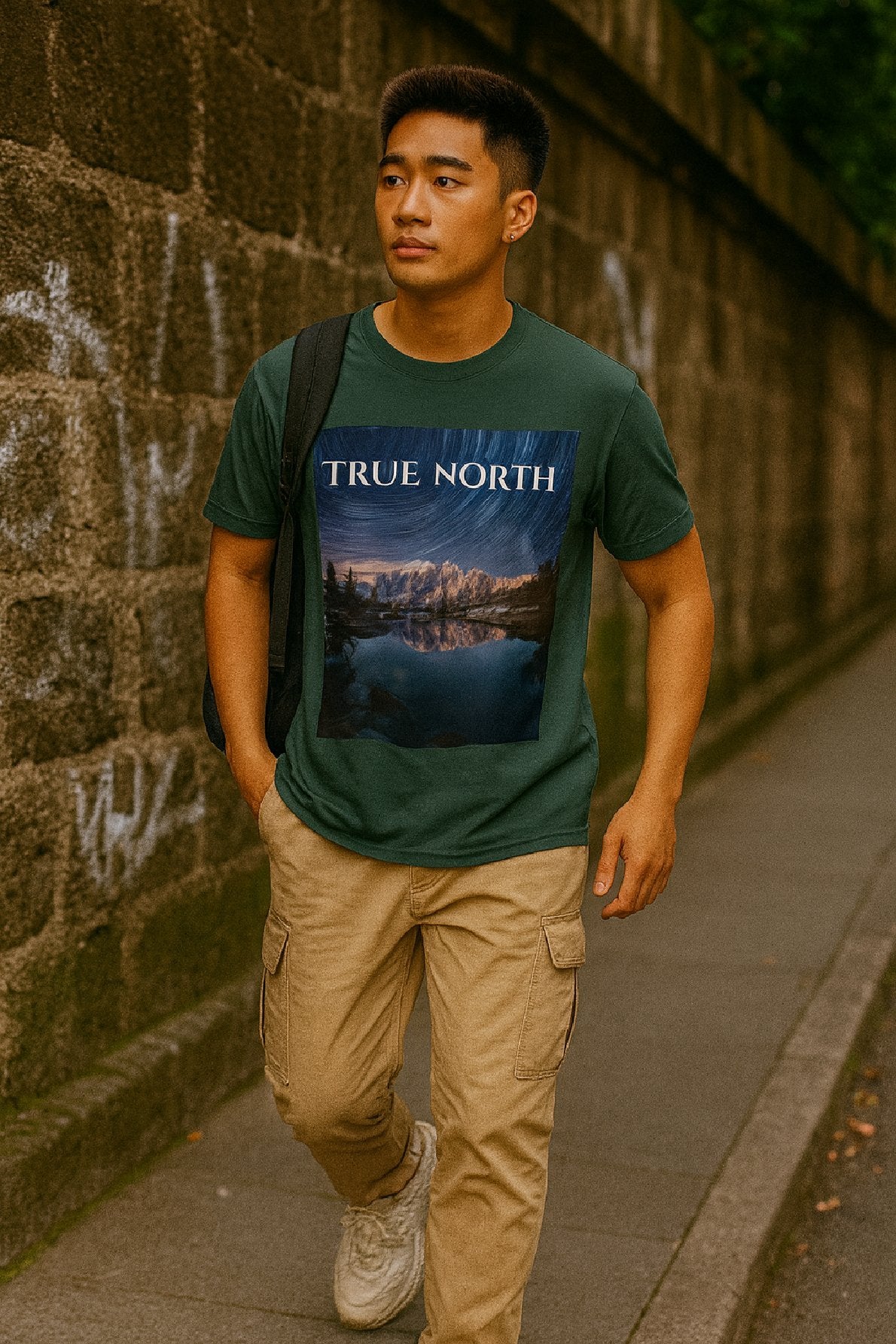 Man wearing a green t-shirt with 'True North' design walking along a stone wall.