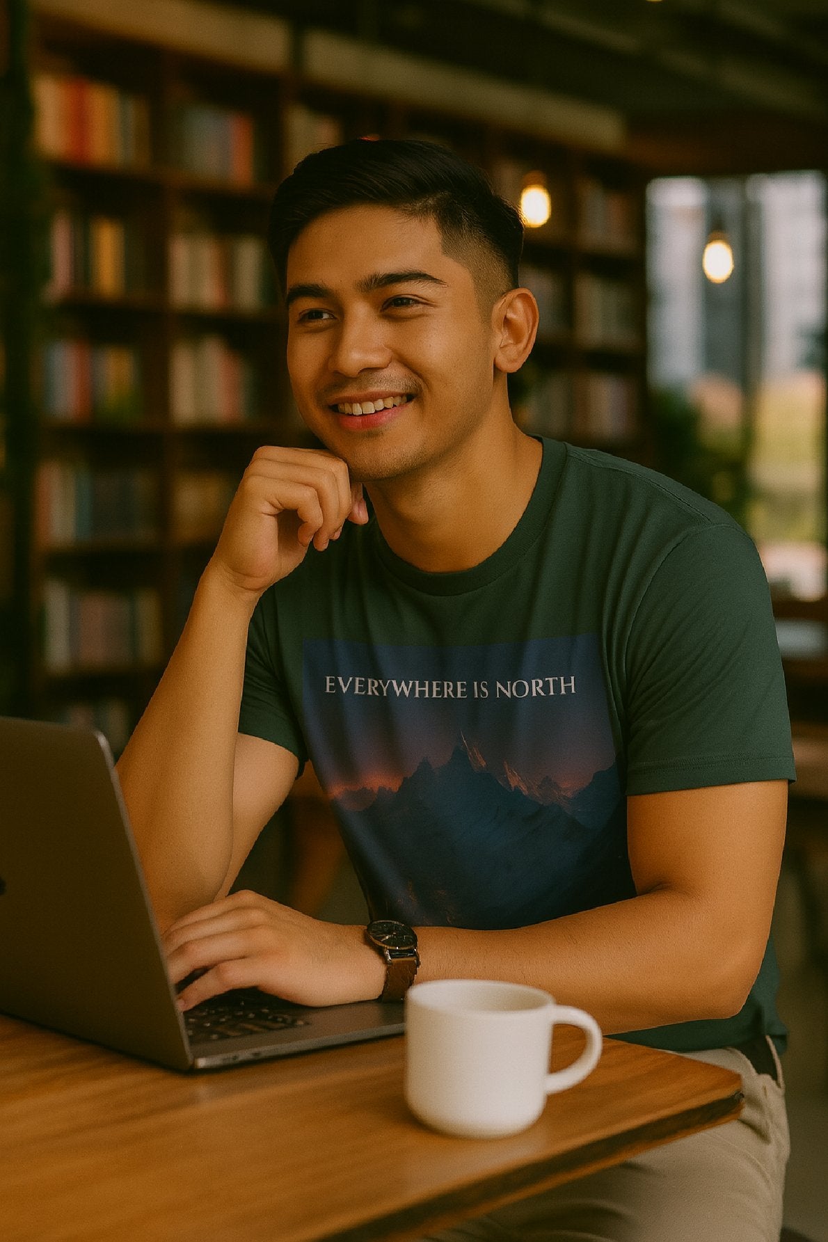 Man sitting at a table with a laptop and a mug, wearing a t-shirt with 'Everywhere is North' design.