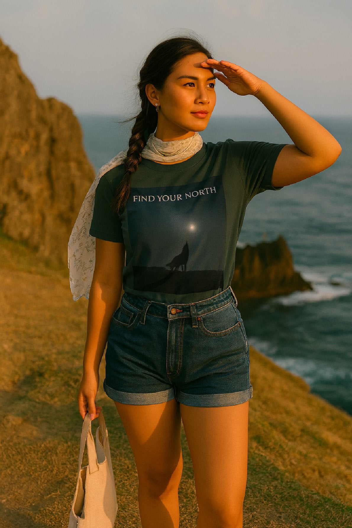 Woman standing on a cliff overlooking the ocean wearing a t-shirt with 'Find Your North' text.