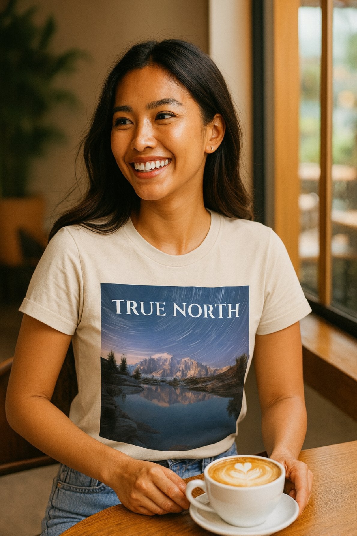 Woman wearing a t-shirt with 'True North' design holding a cup of coffee.