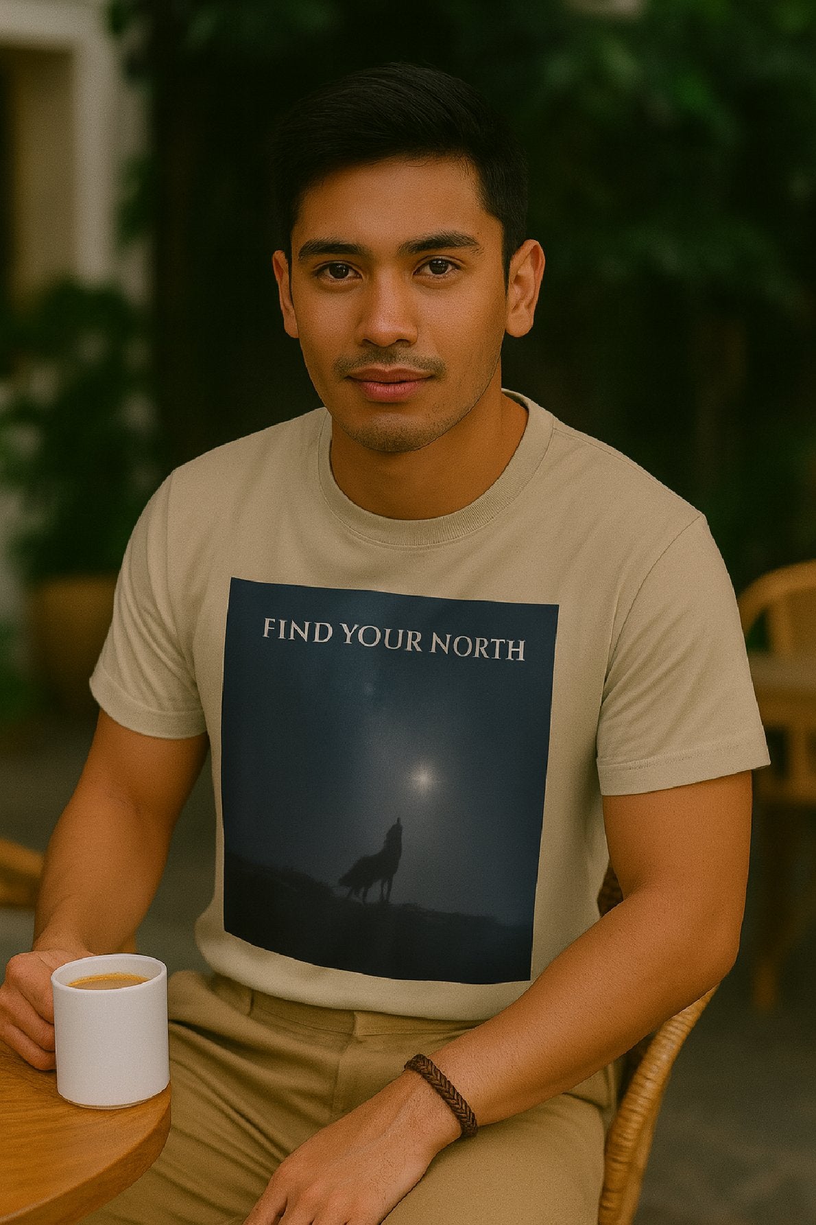 Man wearing a t-shirt with 'Find Your North' design sitting outdoors.
