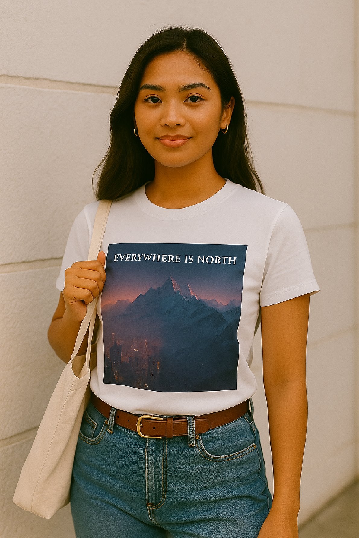 Person wearing a white t-shirt with a mountain design and text, holding a bag.