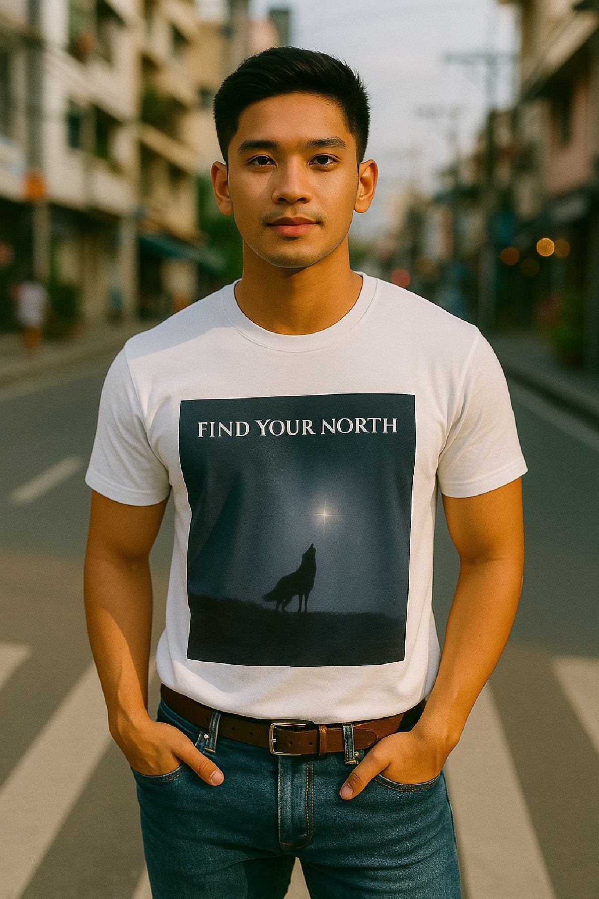 Man wearing a t-shirt with 'Find Your North' graphic on a street.